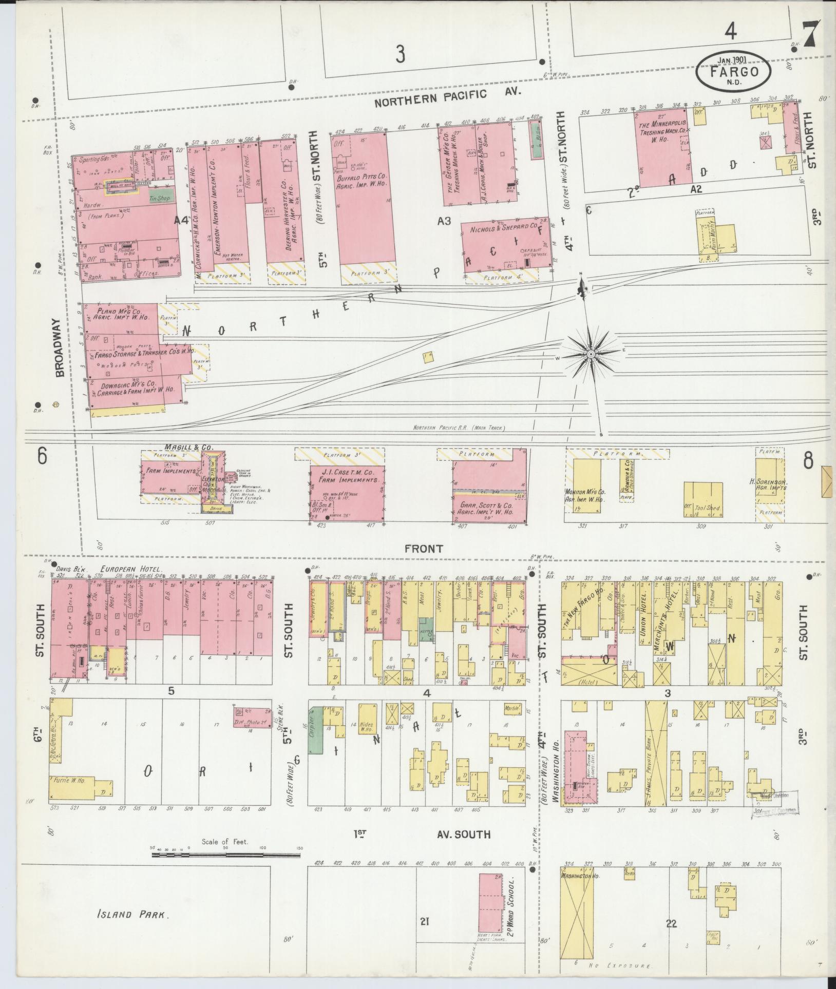 Sanborn Fire Insurance Map from Fargo, Cass County, North Dakota (1901), Sheet #0007 - Historic Sanborn Fire Insurance Map Print, vintage old map wall art, antique decor, genealogy gift, North Dakota North Dakota map