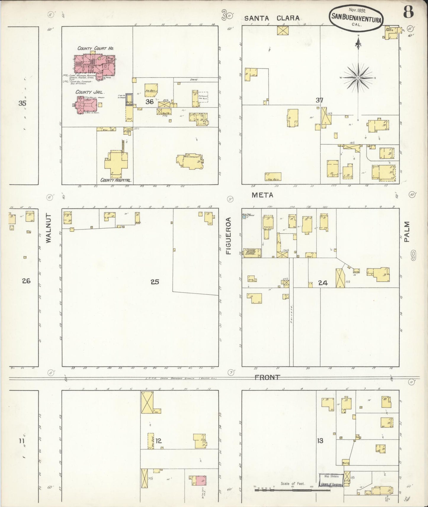Sanborn Fire Insurance Map from San Buenaventura, Ventura County, California (1892), Sheet #0008 - Complete Map Set gallery image, historic Sanborn map, vintage wall art, California California