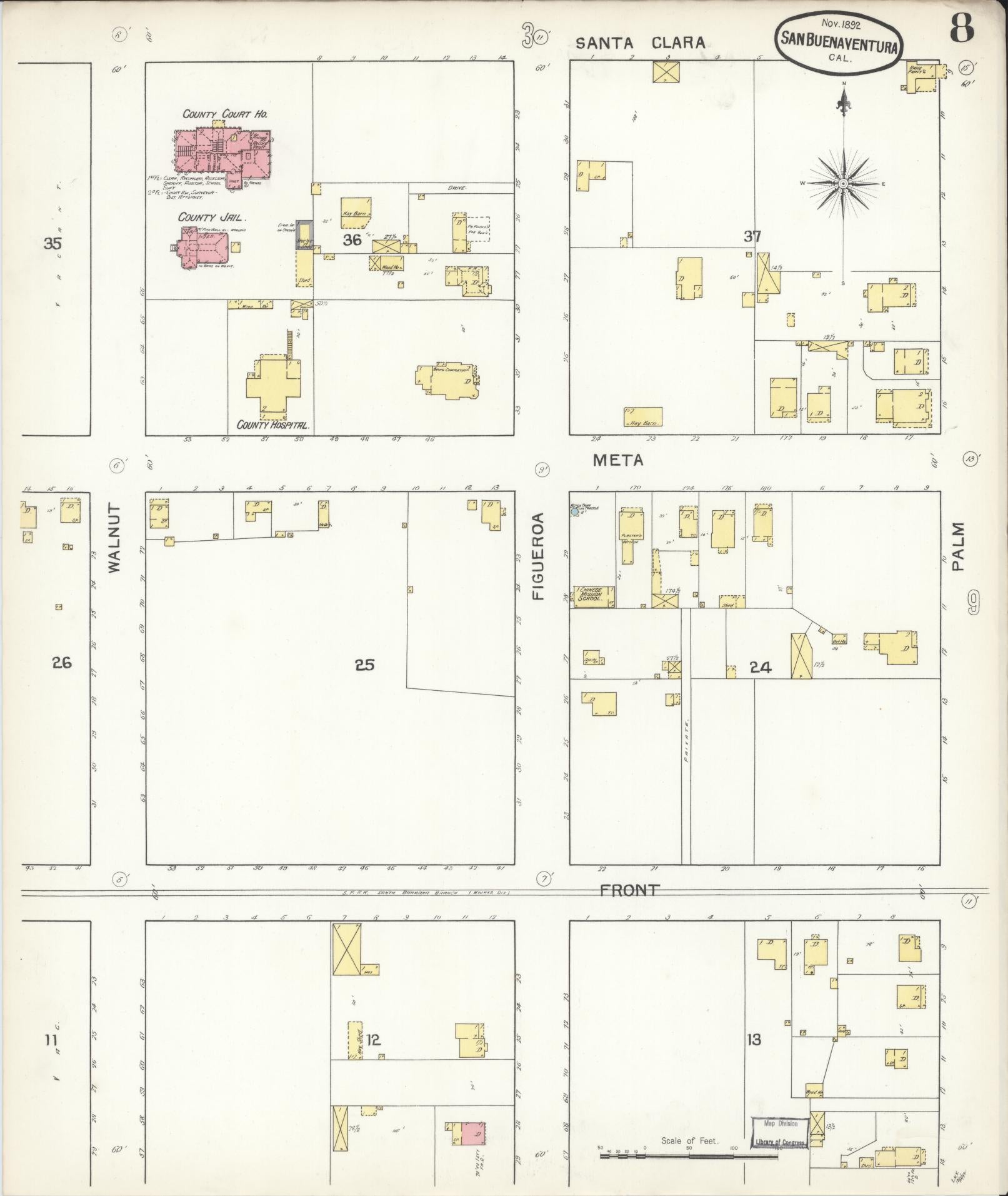 Sanborn Fire Insurance Map from San Buenaventura, Ventura County, California (1892), Sheet #0008 - Complete Map Set gallery image, historic Sanborn map, vintage wall art, California California