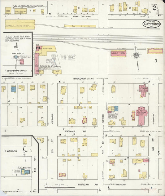 Sanborn Fire Insurance Map from Chesterton, Porter County, Indiana (1922), Sheet #0002 - Historic Sanborn Fire Insurance Map Print, vintage old map wall art, antique decor, genealogy gift, Indiana Indiana map