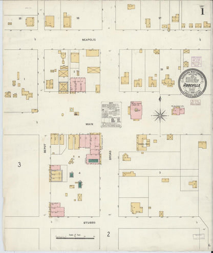 Sanborn Fire Insurance Map from Abbeville, Wilcox County, Georgia (1906), Sheet #0001 - Complete Map Set gallery image, historic Sanborn map, vintage wall art, Georgia Georgia