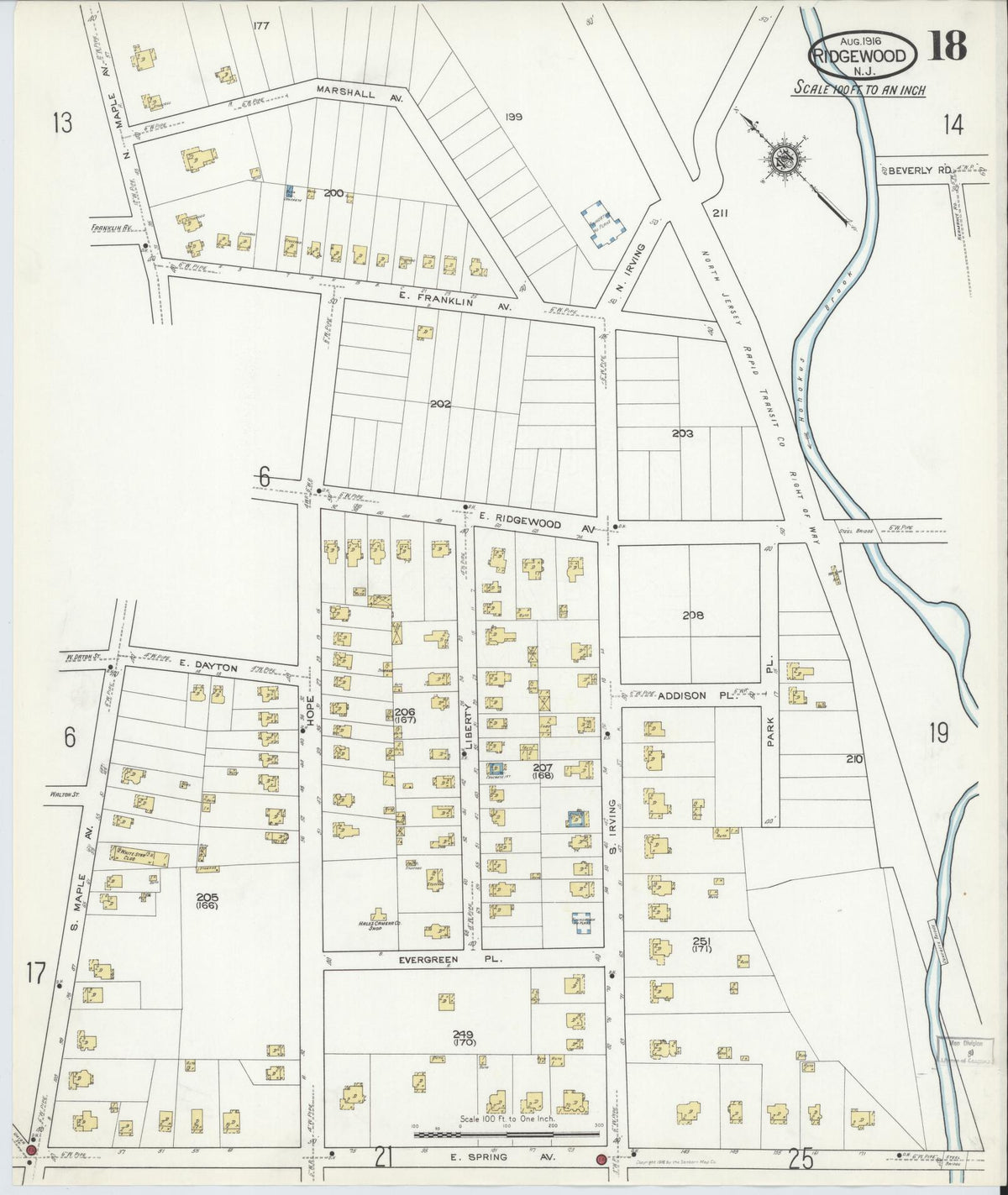 Sanborn Fire Insurance Map from Ridgewood, Bergen County, New Jersey (1916), Sheet #0018 - Complete Map Set gallery image, historic Sanborn map, vintage wall art, New Jersey New Jersey