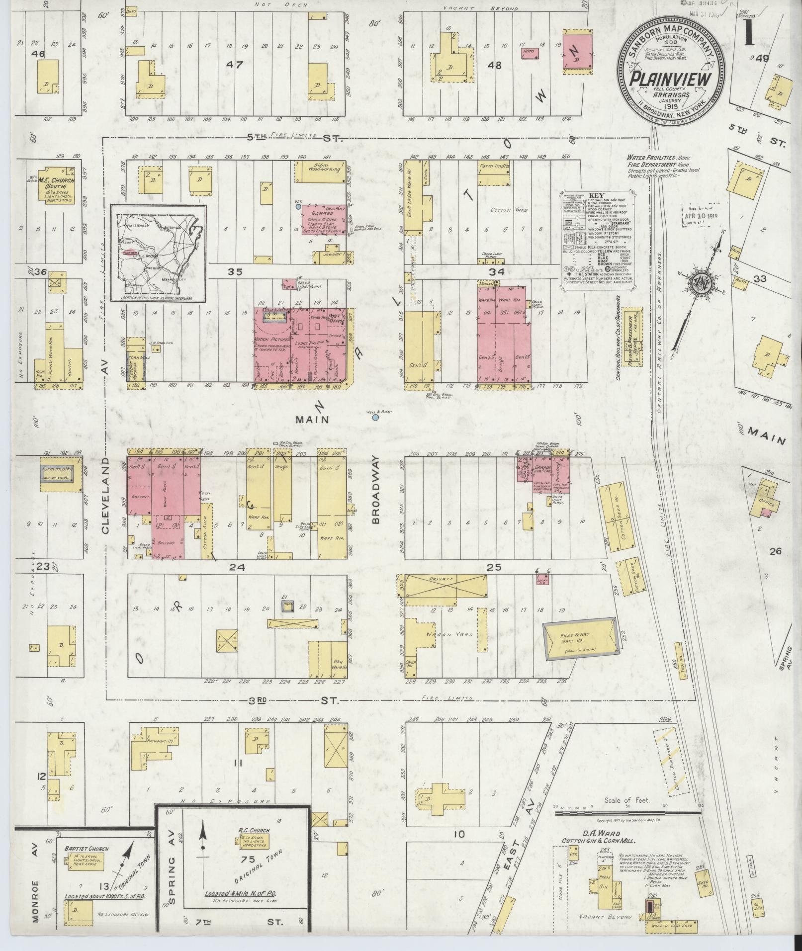 Sanborn Fire Insurance Map from Plainview, Yell County, Arkansas (1919), Sheet #0001 - Complete Map Set gallery image, historic Sanborn map, vintage wall art, Arkansas Arkansas