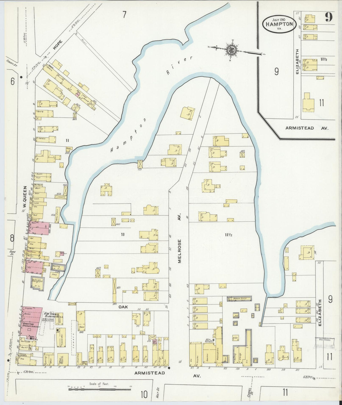 Sanborn Fire Insurance Map from Hampton, Independent Cities, Virginia (1910), Sheet #0009 - Historic Sanborn Fire Insurance Map Print, vintage old map wall art, antique decor, genealogy gift, Virginia Virginia map