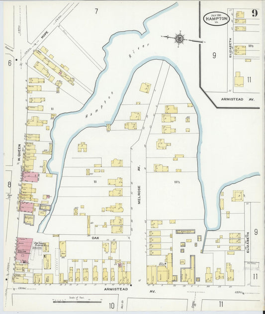 Sanborn Fire Insurance Map from Hampton, Independent Cities, Virginia (1910), Sheet #0009 - Historic Sanborn Fire Insurance Map Print, vintage old map wall art, antique decor, genealogy gift, Virginia Virginia map