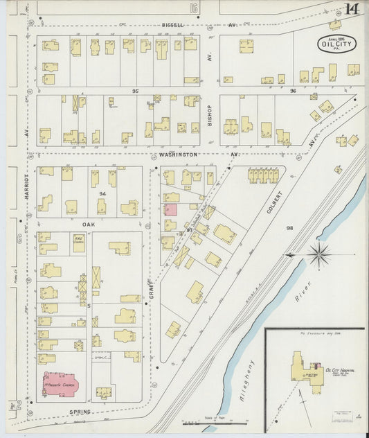 Sanborn Fire Insurance Map from Oil City, Venango County, Pennsylvania (1895), Sheet #0014 - Historic Sanborn Fire Insurance Map Print, vintage old map wall art, antique decor, genealogy gift, Pennsylvania Pennsylvania map