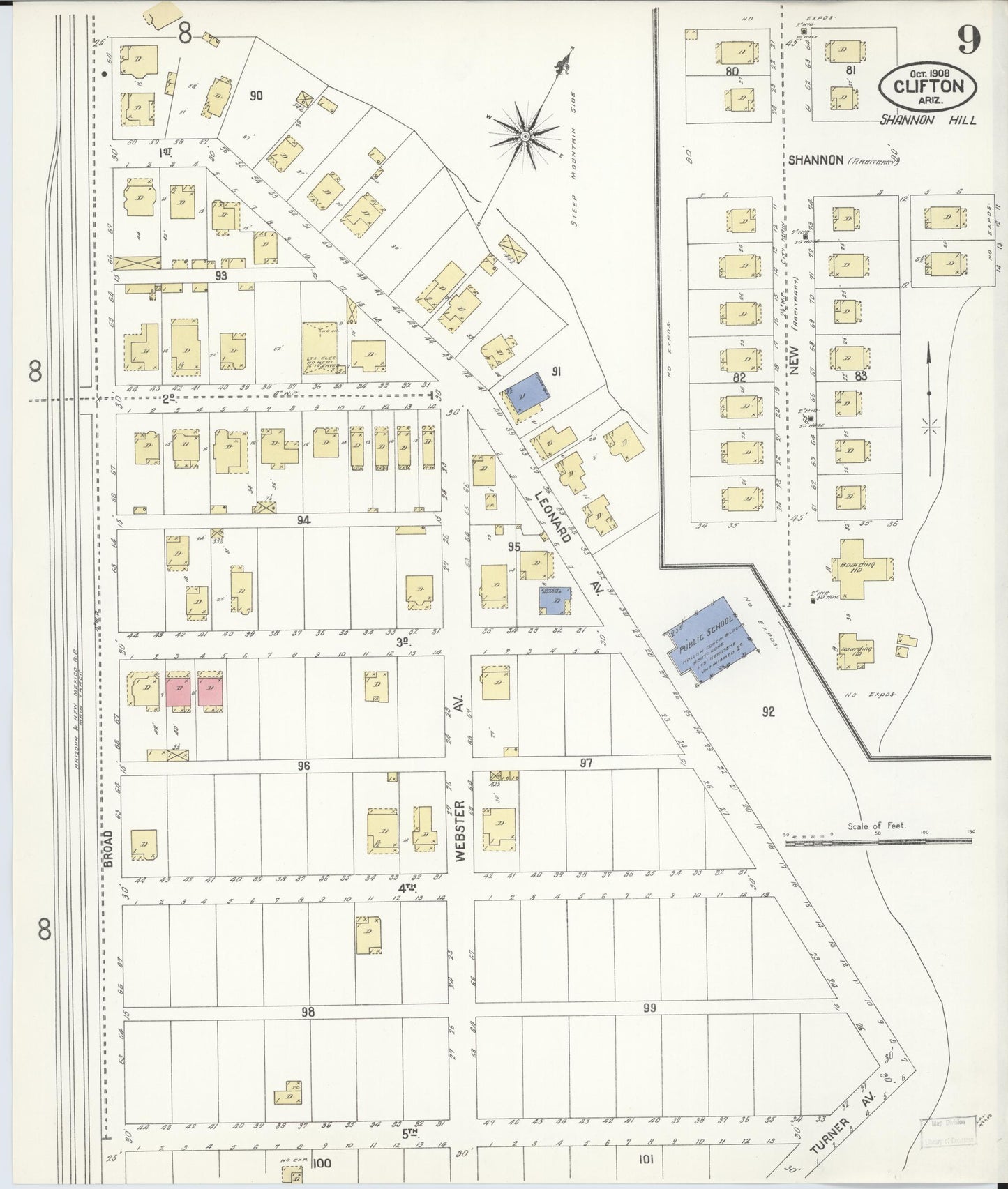 Sanborn Fire Insurance Map from Clifton, Greenlee County, Arizona (1908), Sheet #0009 - Complete Map Set gallery image, historic Sanborn map, vintage wall art, Arizona Arizona