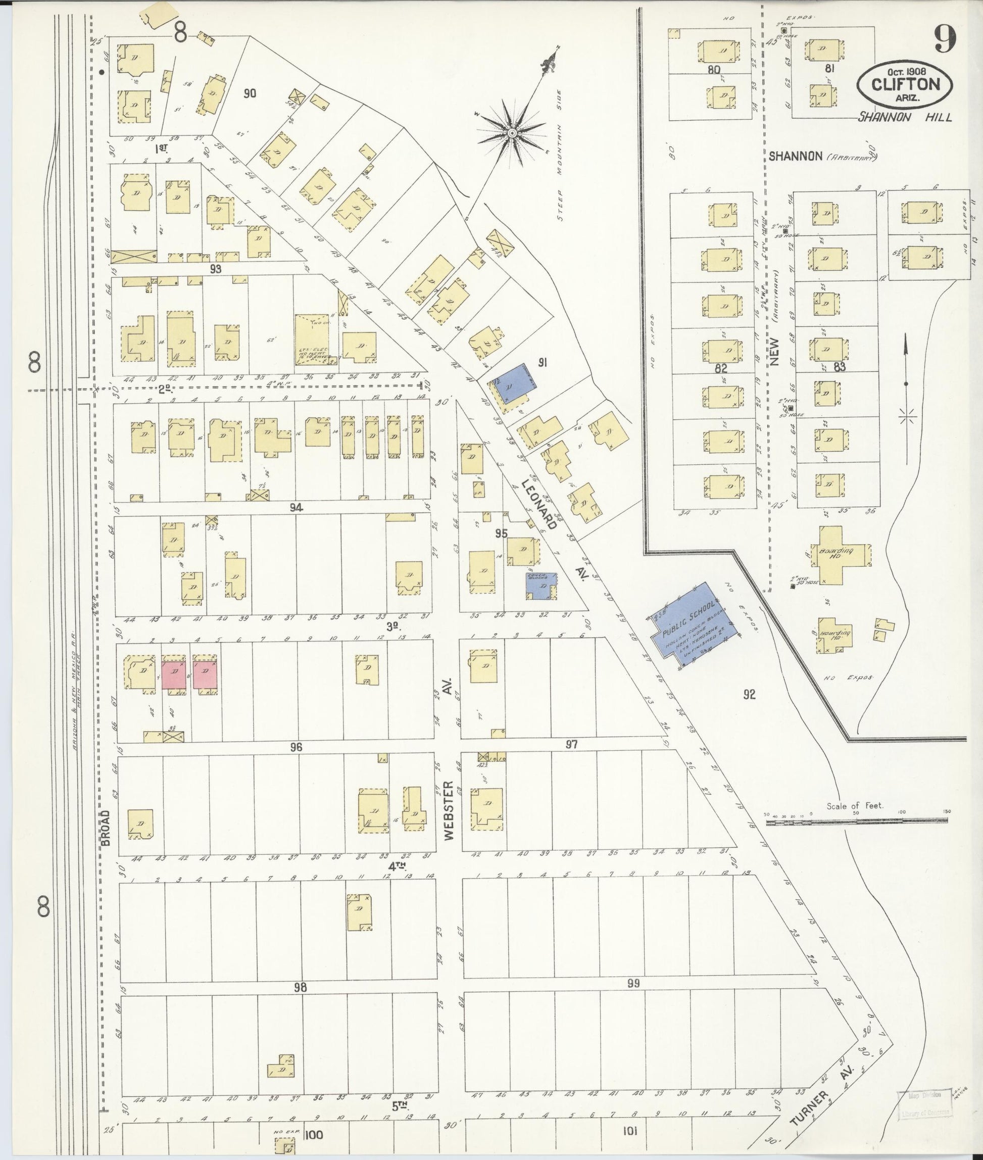 Sanborn Fire Insurance Map from Clifton, Greenlee County, Arizona (1908), Sheet #0009 - Complete Map Set gallery image, historic Sanborn map, vintage wall art, Arizona Arizona