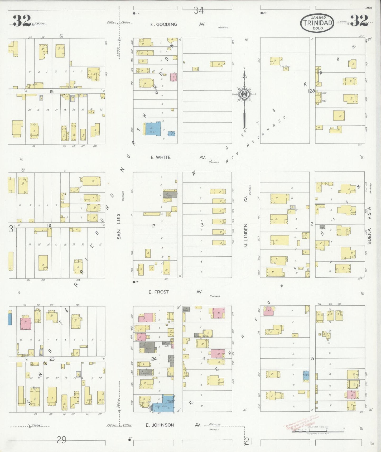Sanborn Fire Insurance Map from Trinidad, Las Animas County, Colorado (1930), Sheet #0032 - Complete Map Set gallery image, historic Sanborn map, vintage wall art, Colorado Colorado
