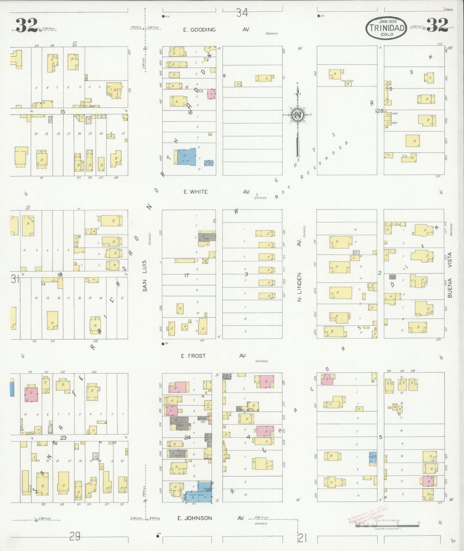Sanborn Fire Insurance Map from Trinidad, Las Animas County, Colorado (1930), Sheet #0032 - Complete Map Set gallery image, historic Sanborn map, vintage wall art, Colorado Colorado