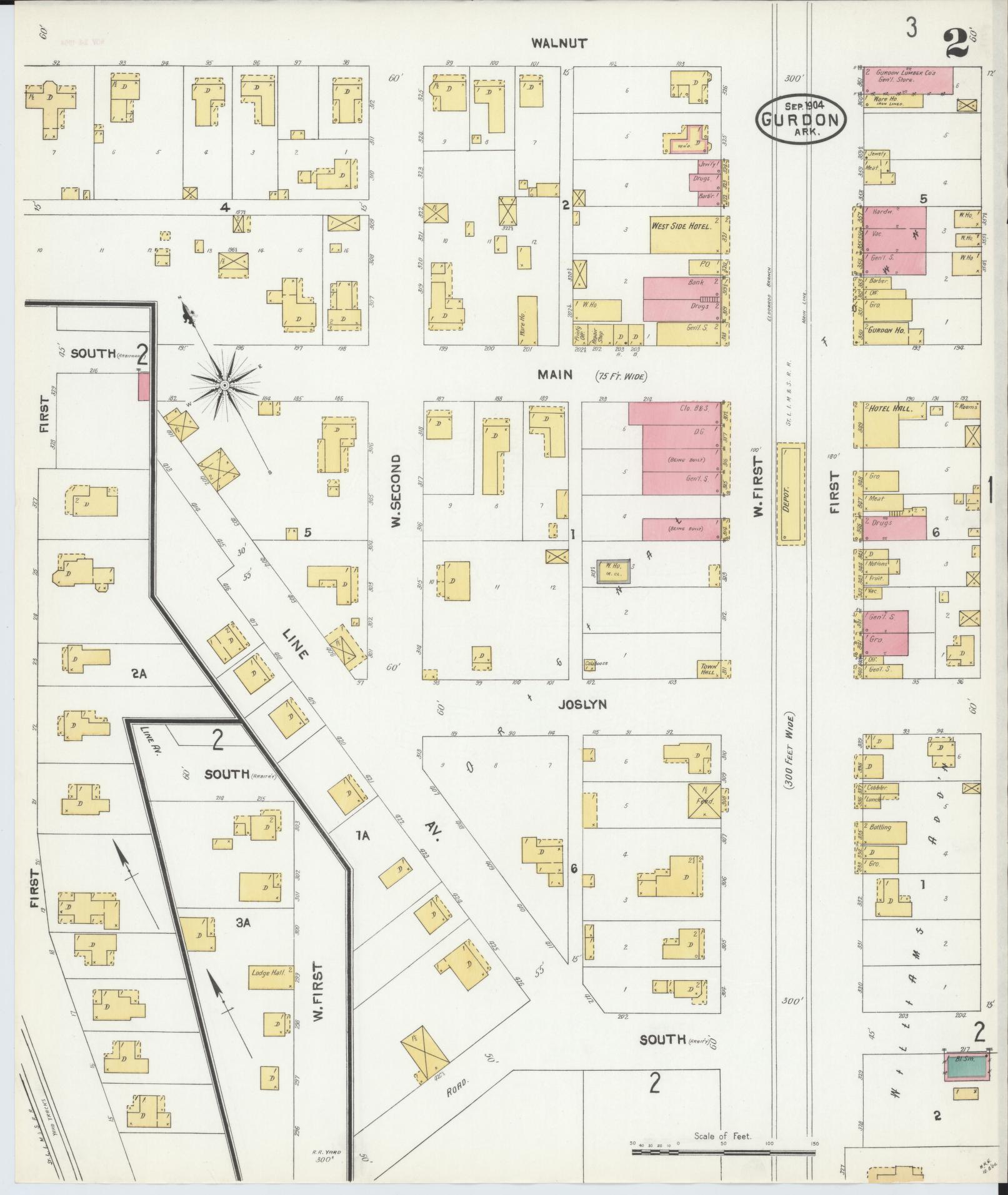 Sanborn Fire Insurance Map from Gurdon, Clark County, Arkansas (1904), Sheet #0002 - Historic Sanborn Fire Insurance Map Print, vintage old map wall art, antique decor, genealogy gift, Arkansas Arkansas map