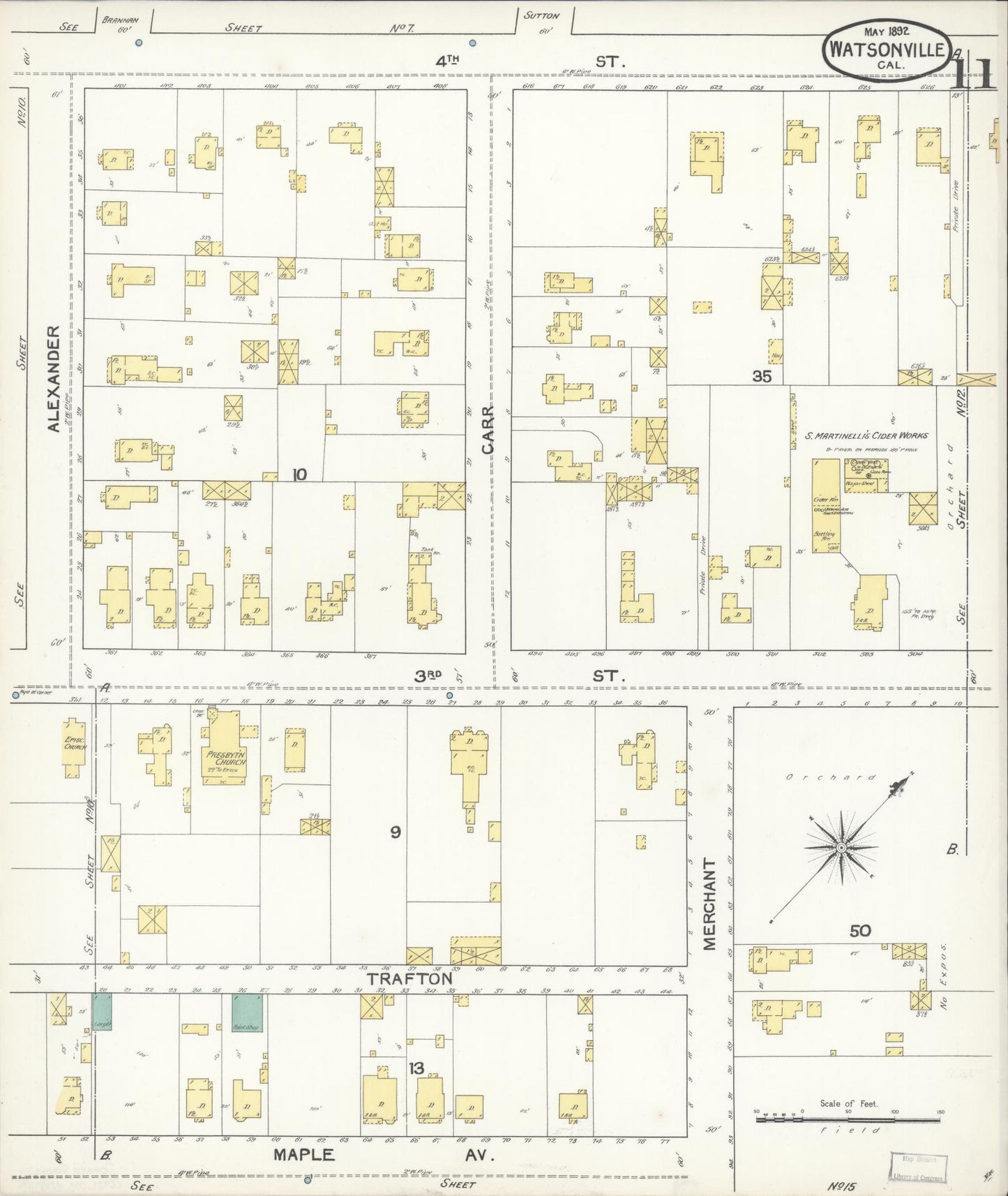 Sanborn Fire Insurance Map from Watsonville, Santa Cruz County, California (1892), Sheet #0011 - Complete Map Set gallery image, historic Sanborn map, vintage wall art, California California