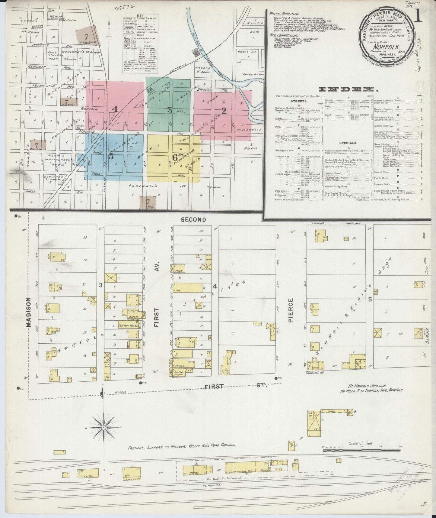 Sanborn Fire Insurance Map from Norfolk, Madison County, Nebraska (1897), Sheet #0001 - Historic Sanborn Fire Insurance Map Print, vintage old map wall art, antique decor, genealogy gift, Nebraska Nebraska map
