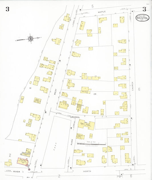 Sanborn Fire Insurance Map from Bristol, Addison County, Vermont (1927), Sheet #0003 - Historic Sanborn Fire Insurance Map Print, vintage old map wall art, antique decor, genealogy gift, Vermont Vermont map