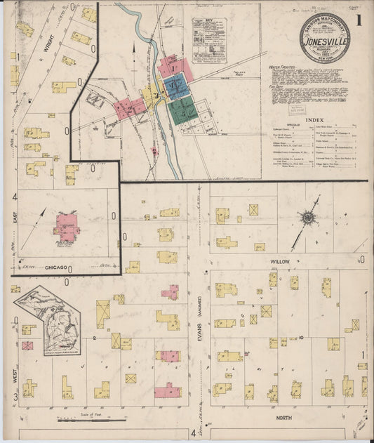 Sanborn Fire Insurance Map from Jonesville, Hillsdale County, Michigan (1922), Sheet #0001 - Historic Sanborn Fire Insurance Map Print, vintage old map wall art, antique decor, genealogy gift, Michigan Michigan map