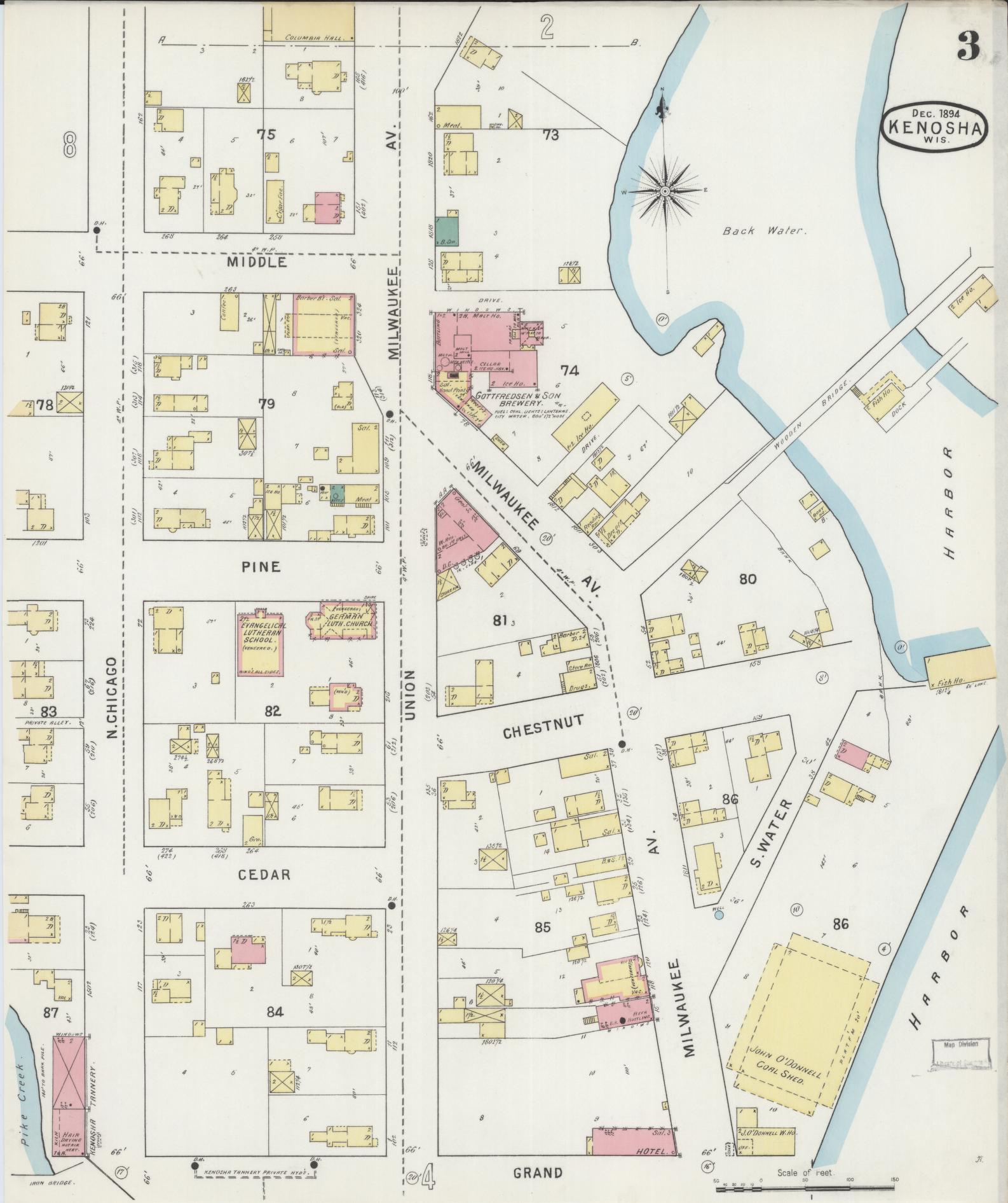 Sanborn Fire Insurance Map from Kenosha, Kenosha County, Wisconsin (1894), Sheet #0003 - Complete Map Set gallery image, historic Sanborn map, vintage wall art, Wisconsin Wisconsin