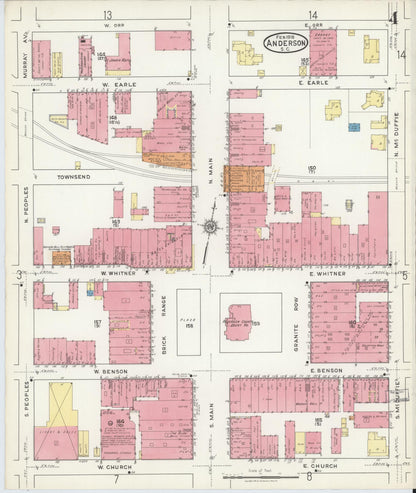 Sanborn Fire Insurance Map from Anderson, Anderson County, South Carolina (1918), Sheet #0004 - Complete Map Set gallery image, historic Sanborn map, vintage wall art, South Carolina South Carolina