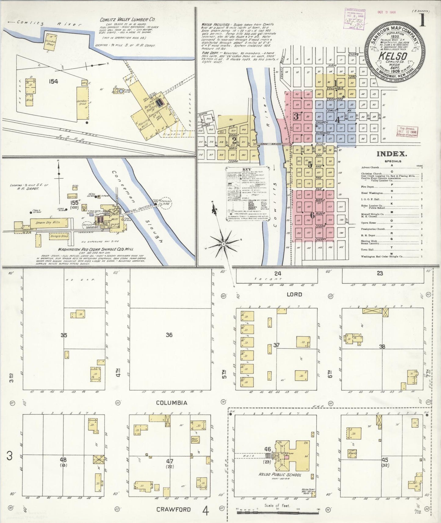 Sanborn Fire Insurance Map from Kelso, Cowlitz County, Washington (1908), Sheet #0001 - Complete Map Set gallery image, historic Sanborn map, vintage wall art, Washington Washington