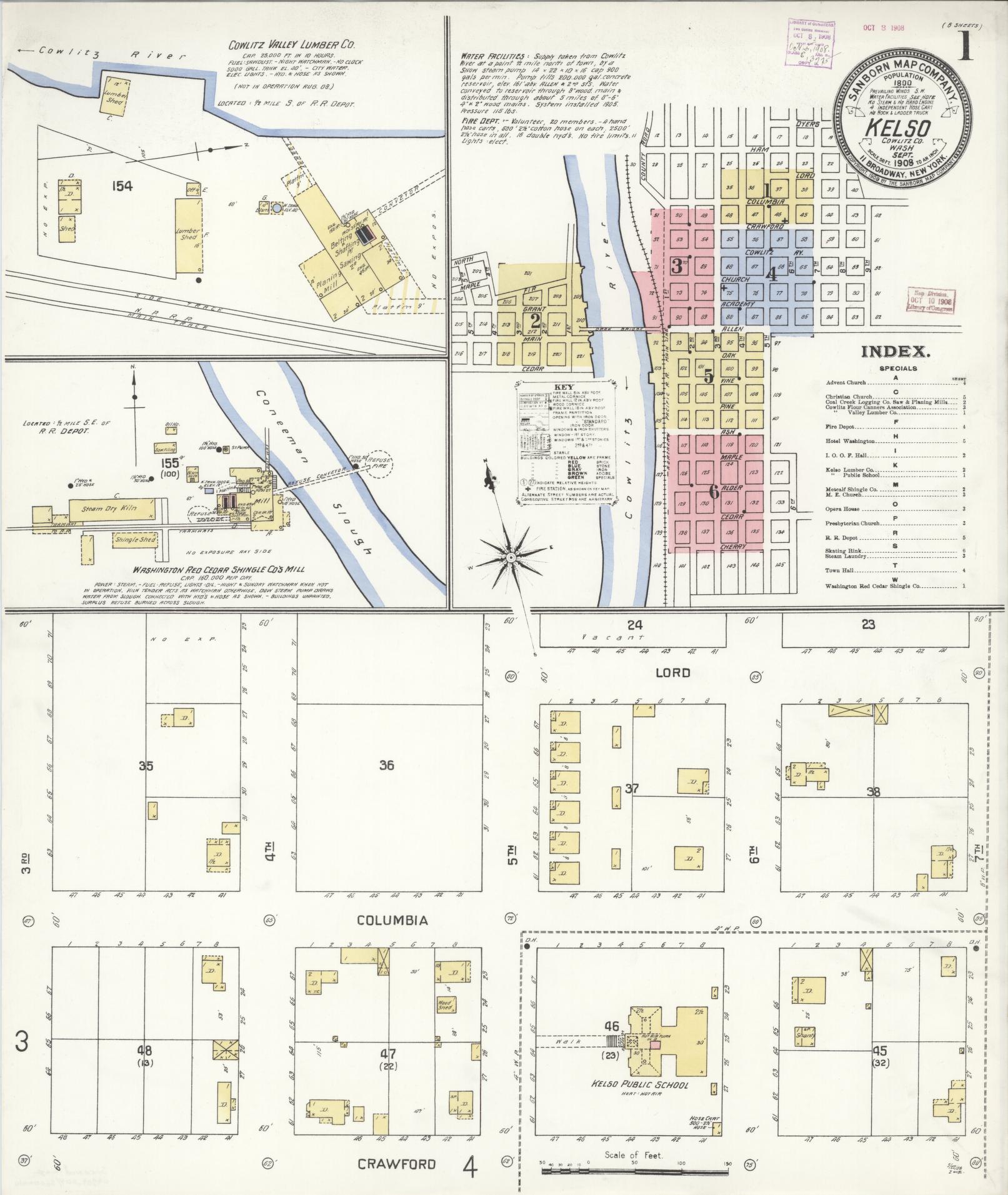Sanborn Fire Insurance Map from Kelso, Cowlitz County, Washington (1908), Sheet #0001 - Complete Map Set gallery image, historic Sanborn map, vintage wall art, Washington Washington
