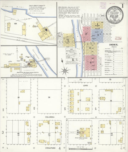Sanborn Fire Insurance Map from Kelso, Cowlitz County, Washington (1908), Sheet #0001 - Complete Map Set gallery image, historic Sanborn map, vintage wall art, Washington Washington