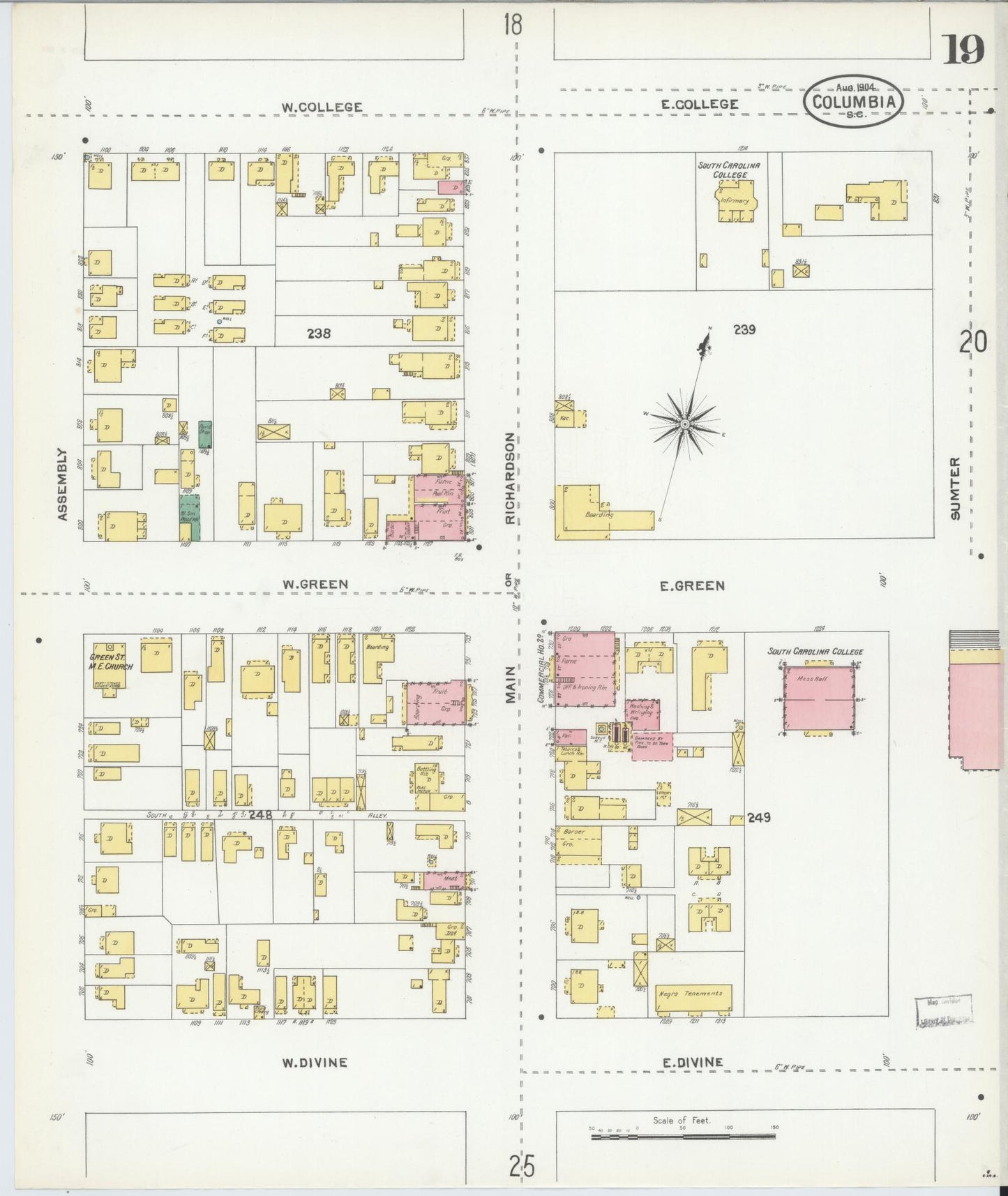 Sanborn Fire Insurance Map from Columbia, Richland County, South Carolina (1904), Sheet #0019 - Complete Map Set gallery image, historic Sanborn map, vintage wall art, South Carolina South Carolina