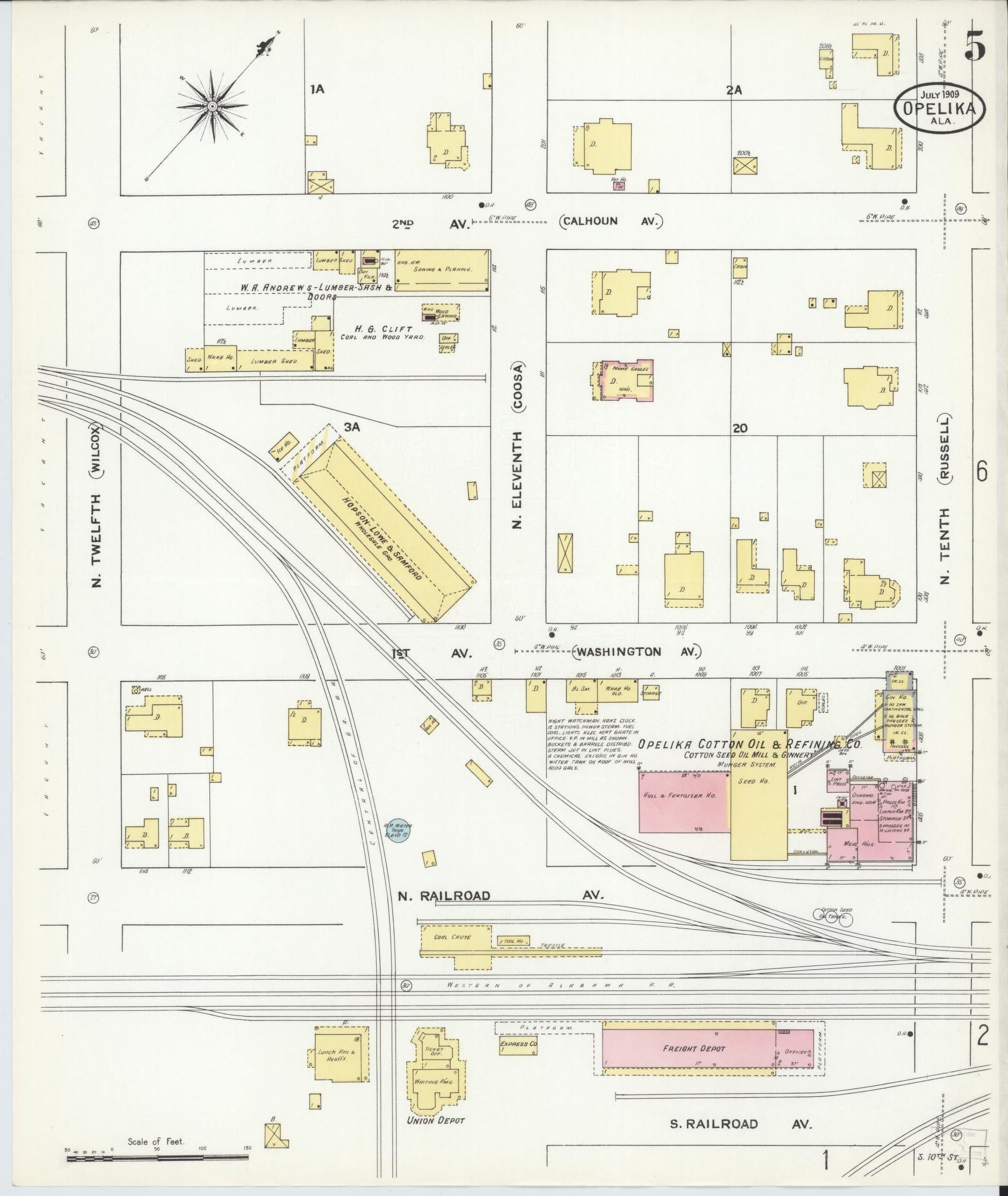 Sanborn Fire Insurance Map from Opelika, Lee County, Alabama (1909), Sheet #0005 - Historic Sanborn Fire Insurance Map Print, vintage old map wall art, antique decor, genealogy gift, Alabama Alabama map