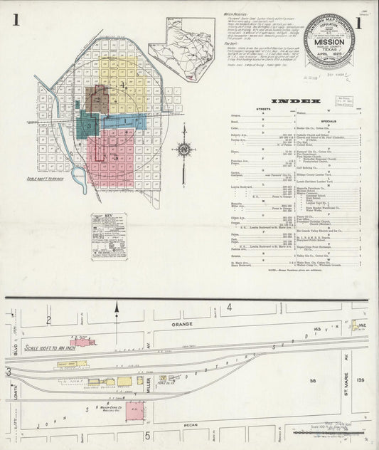 Sanborn Fire Insurance Map from Mission, Hidalgo County, Texas (1925), Sheet #0001 - Historic Sanborn Fire Insurance Map Print, vintage old map wall art, antique decor, genealogy gift, Texas Texas map