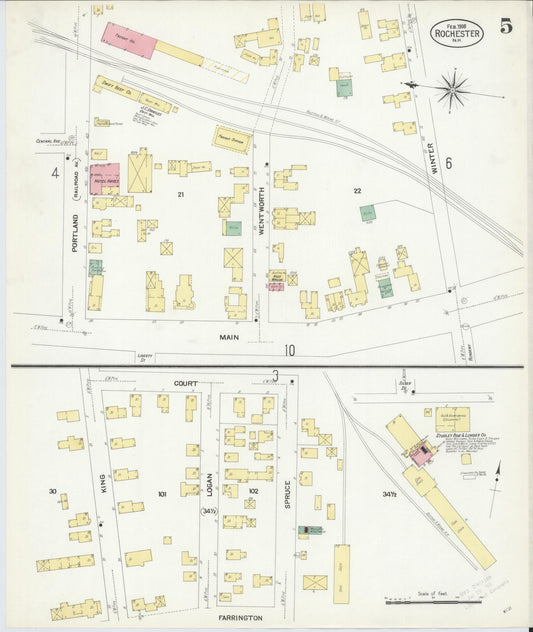 Sanborn Fire Insurance Map from Rochester, Strafford County, New Hampshire (1908), Sheet #0005 - Historic Sanborn Fire Insurance Map Print, vintage old map wall art, antique decor, genealogy gift, New Hampshire New Hampshire map