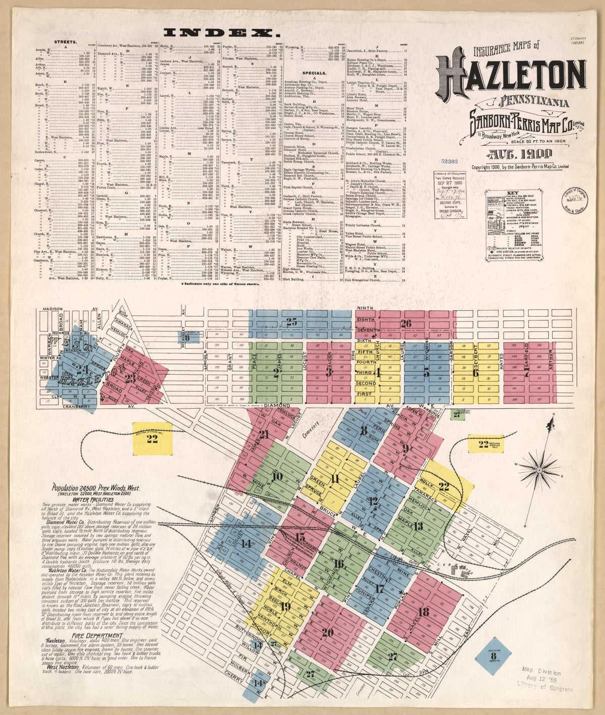 Sanborn Fire Insurance Map from Hazleton, Luzerne County, Pennsylvania (1900), Sheet #0001 - Historic Sanborn Fire Insurance Map Print, vintage old map wall art, antique decor, genealogy gift, Pennsylvania Pennsylvania map