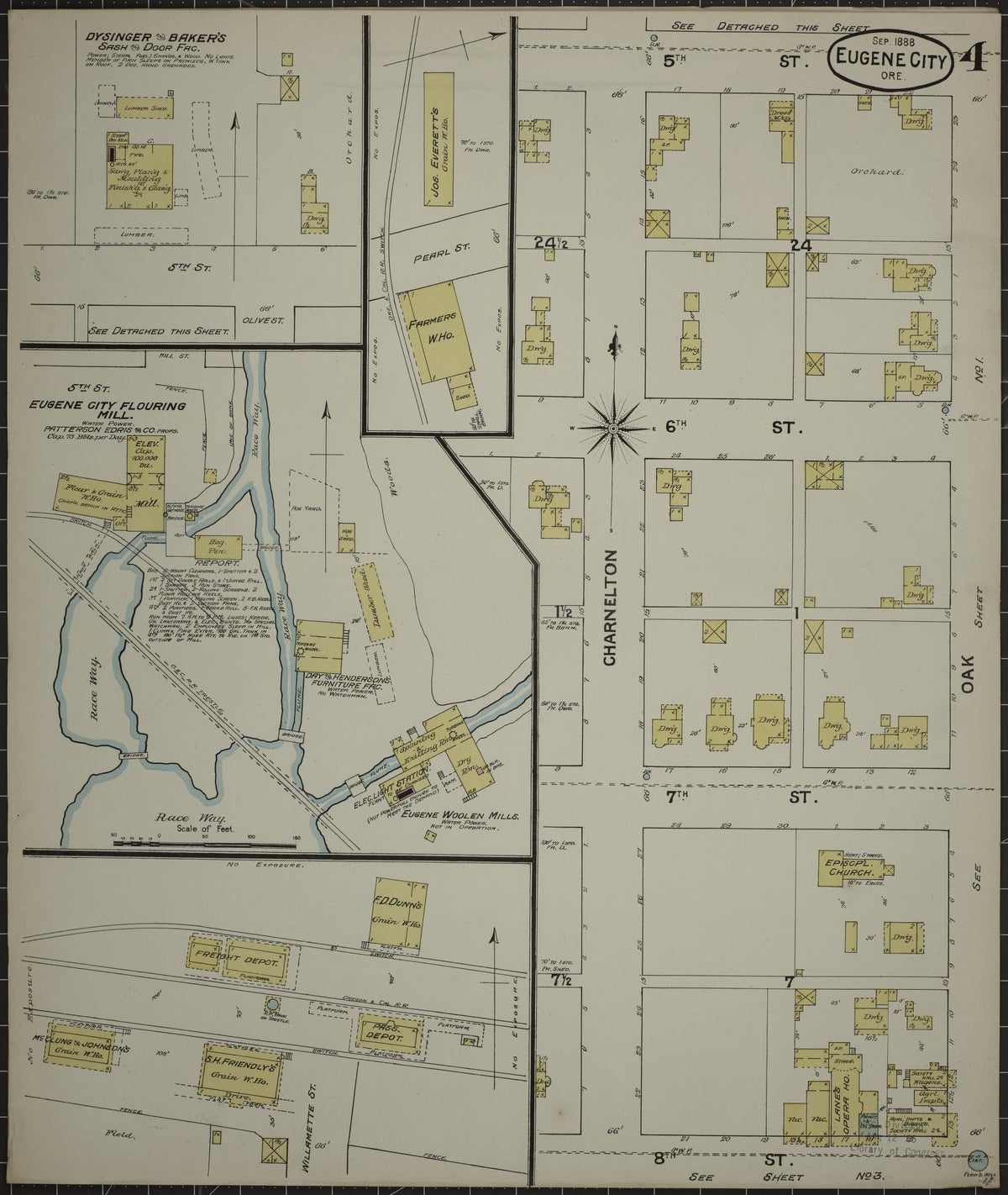 Sanborn Fire Insurance Map from Eugene, Lane County, Oregon (1888), Sheet #0004 - Historic Sanborn Fire Insurance Map Print, vintage old map wall art, antique decor, genealogy gift, Oregon Oregon map