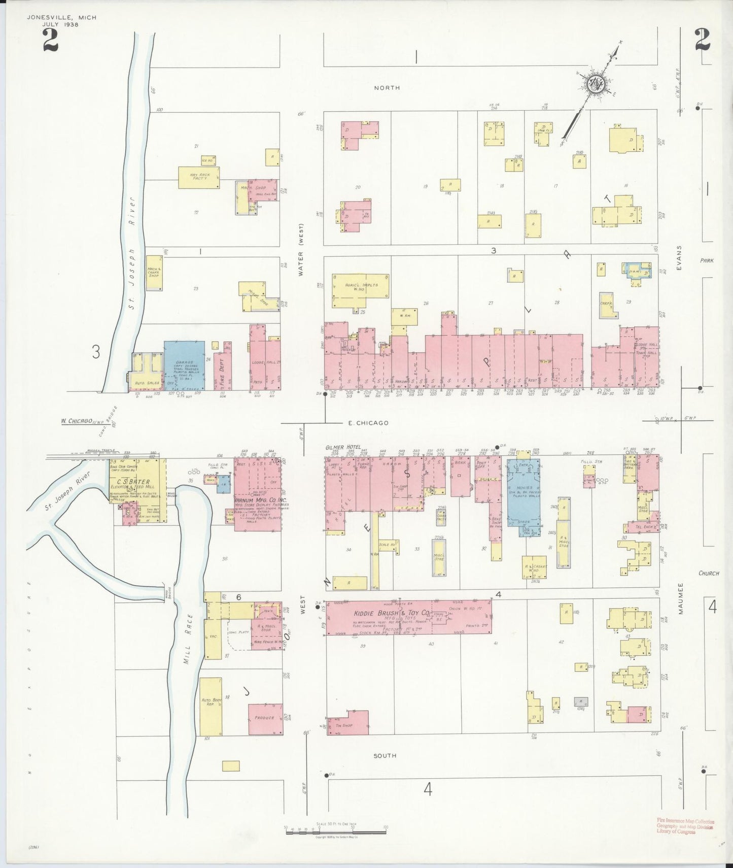 Sanborn Fire Insurance Map from Jonesville, Hillsdale County, Michigan (1938), Sheet #0002 - Complete Map Set gallery image, historic Sanborn map, vintage wall art, Michigan Michigan