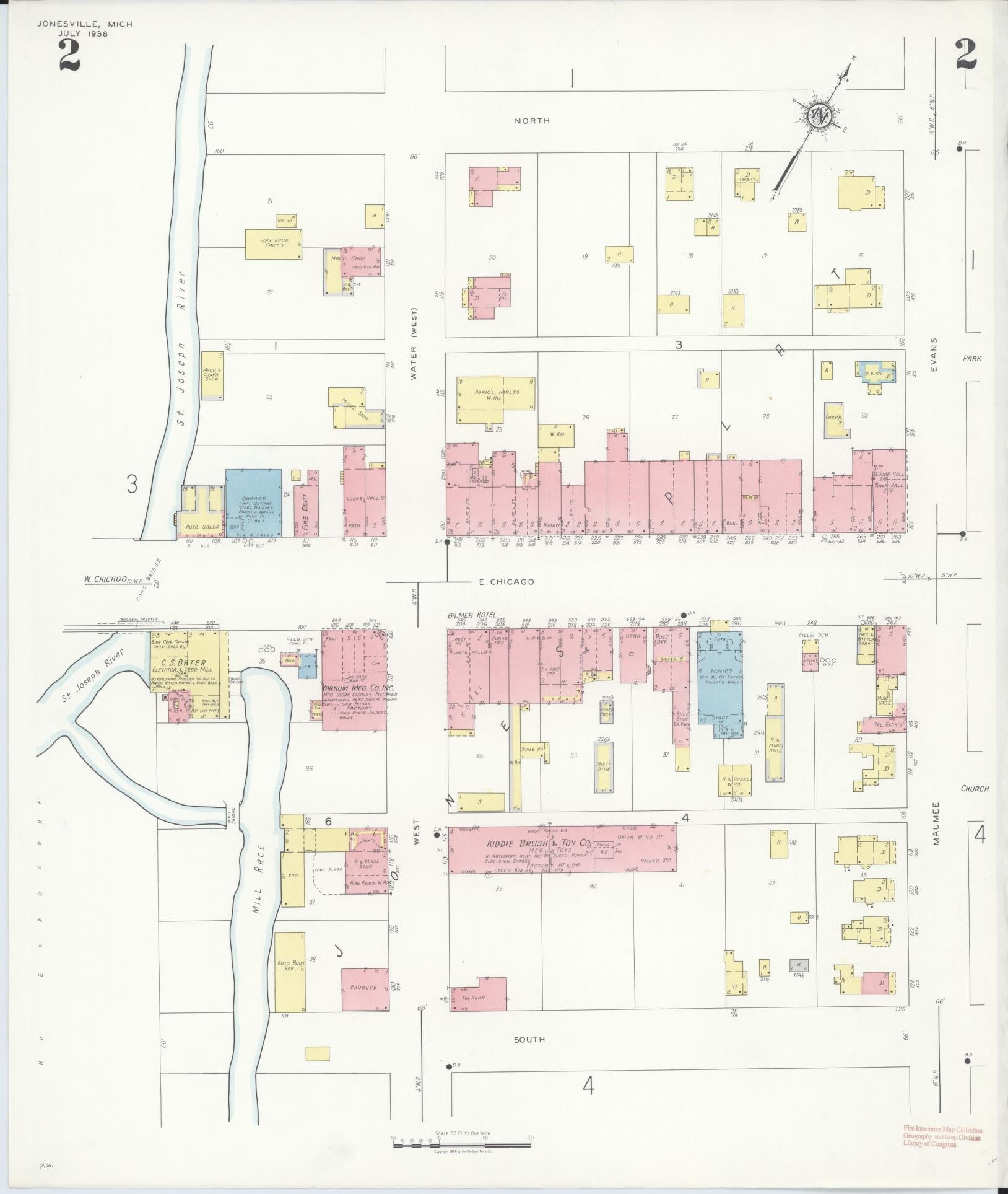 Sanborn Fire Insurance Map from Jonesville, Hillsdale County, Michigan (1938), Sheet #0002 - Complete Map Set gallery image, historic Sanborn map, vintage wall art, Michigan Michigan