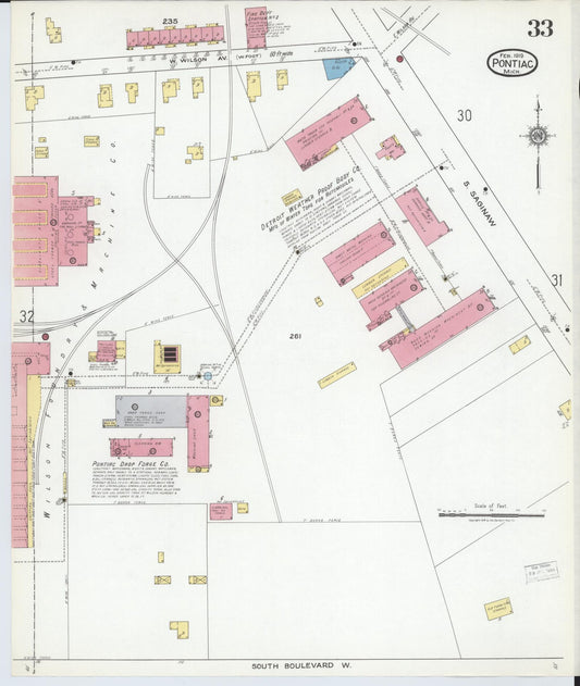 Sanborn Fire Insurance Map from Pontiac, Oakland County, Michigan (1919), Sheet #0033 - Historic Sanborn Fire Insurance Map Print, vintage old map wall art, antique decor, genealogy gift, Michigan Michigan map