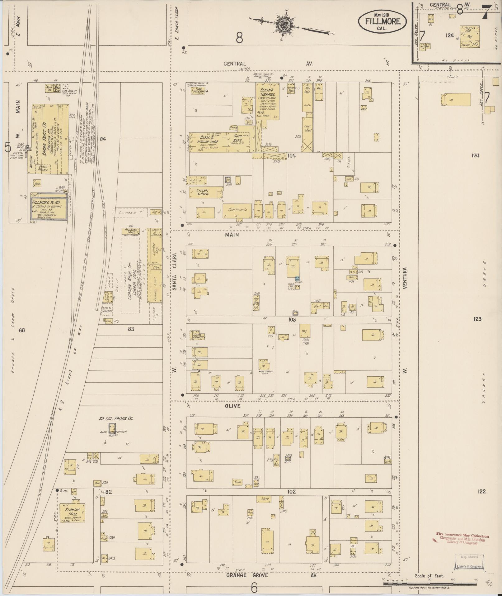 Sanborn Fire Insurance Map from Fillmore, Ventura County, California (1918), Sheet #0007 - Complete Map Set gallery image, historic Sanborn map, vintage wall art, California California