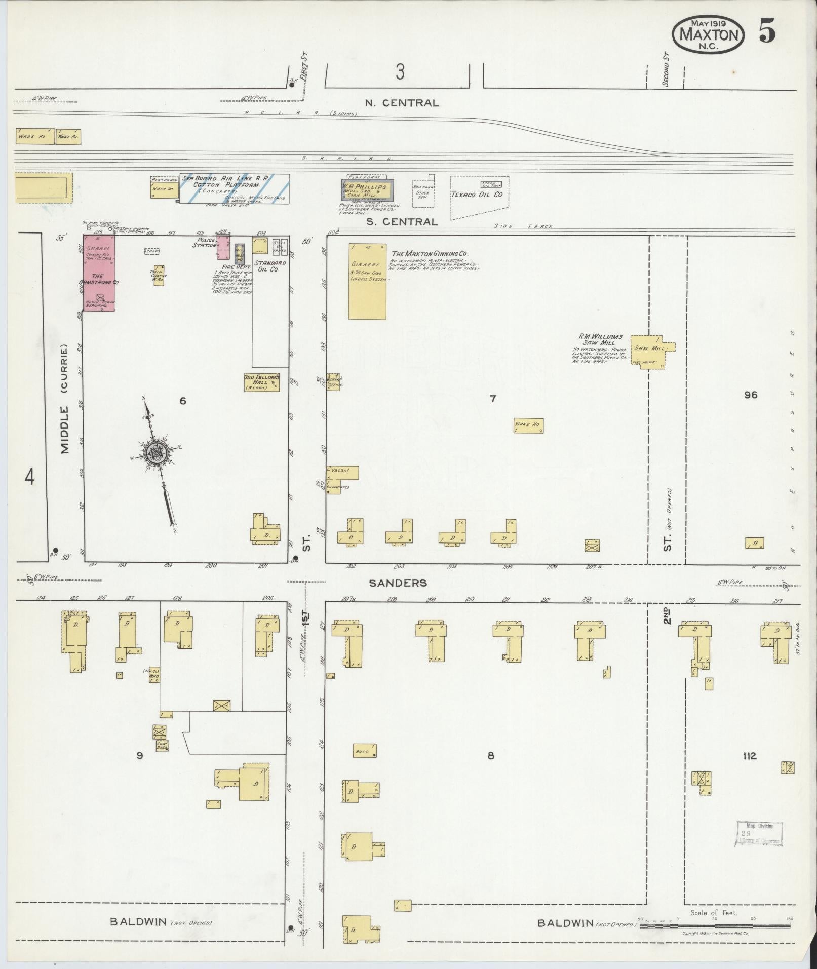 Sanborn Fire Insurance Map from Maxton, Robeson County, North Carolina (1919), Sheet #0005 - Complete Map Set gallery image, historic Sanborn map, vintage wall art, North Carolina North Carolina