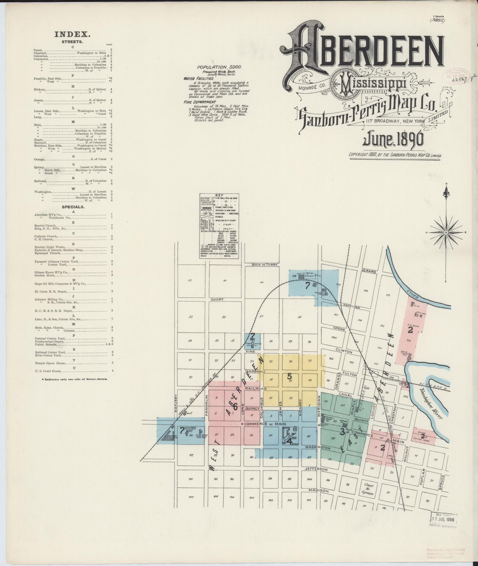 Sanborn Fire Insurance Map from Aberdeen, Monroe County, Mississippi (1890), Sheet #0001 - Complete Map Set gallery image, historic Sanborn map, vintage wall art, Mississippi Mississippi
