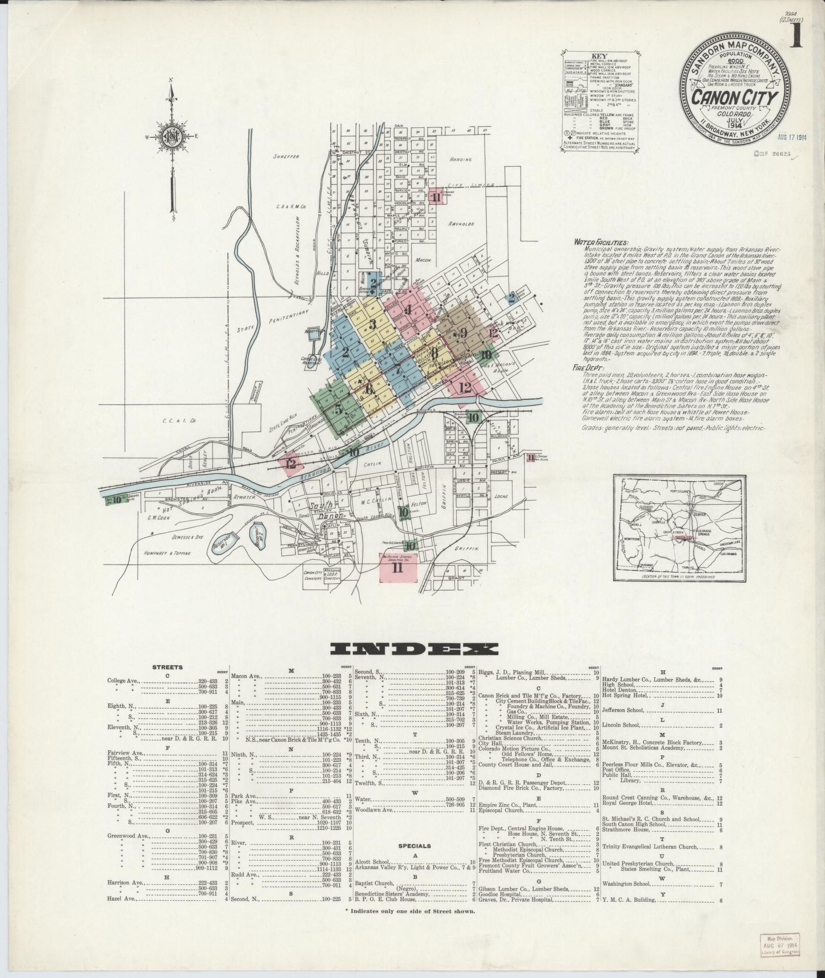 Sanborn Fire Insurance Map from Canon City, Fremont County, Colorado (1914), Sheet #0001 - Historic Sanborn Fire Insurance Map Print, vintage old map wall art, antique decor, genealogy gift, Colorado Colorado map