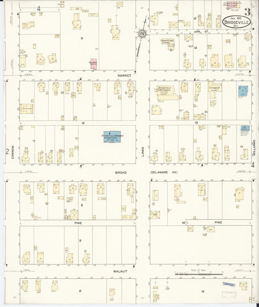 Sanborn Fire Insurance Map from Bridgeville, Sussex County, Delaware (1912), Sheet #0003 - Historic Sanborn Fire Insurance Map Print, vintage old map wall art, antique decor, genealogy gift, Delaware Delaware map