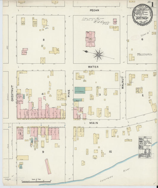 Sanborn Fire Insurance Map from Bastrop, Bastrop County, Texas (1891), Sheet #0001 - Complete Map Set gallery image, historic Sanborn map, vintage wall art, Texas Texas