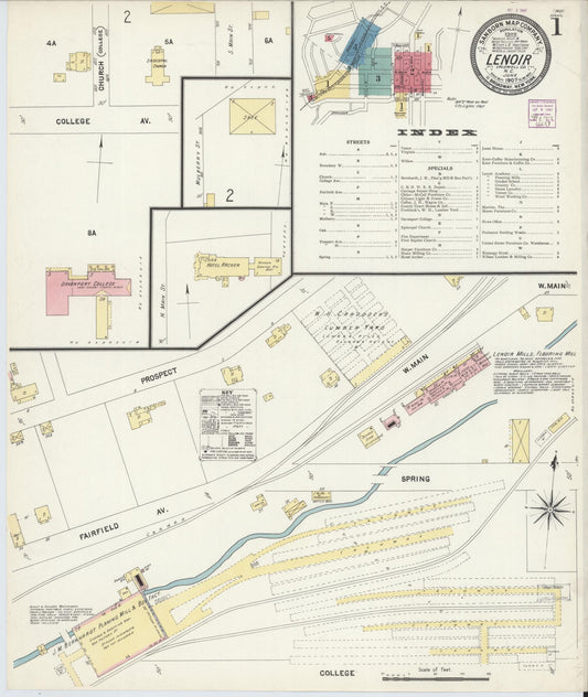 Sanborn Fire Insurance Map from Lenoir, Caldwell County, North Carolina (1907), Sheet #0001 - Complete Map Set gallery image, historic Sanborn map, vintage wall art, North Carolina North Carolina