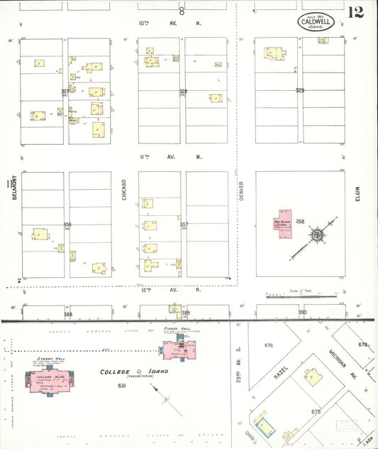 Sanborn Fire Insurance Map from Caldwell, Canyon County, Idaho (1911), Sheet #0012 - Historic Sanborn Fire Insurance Map Print, vintage old map wall art, antique decor, genealogy gift, Idaho Idaho map