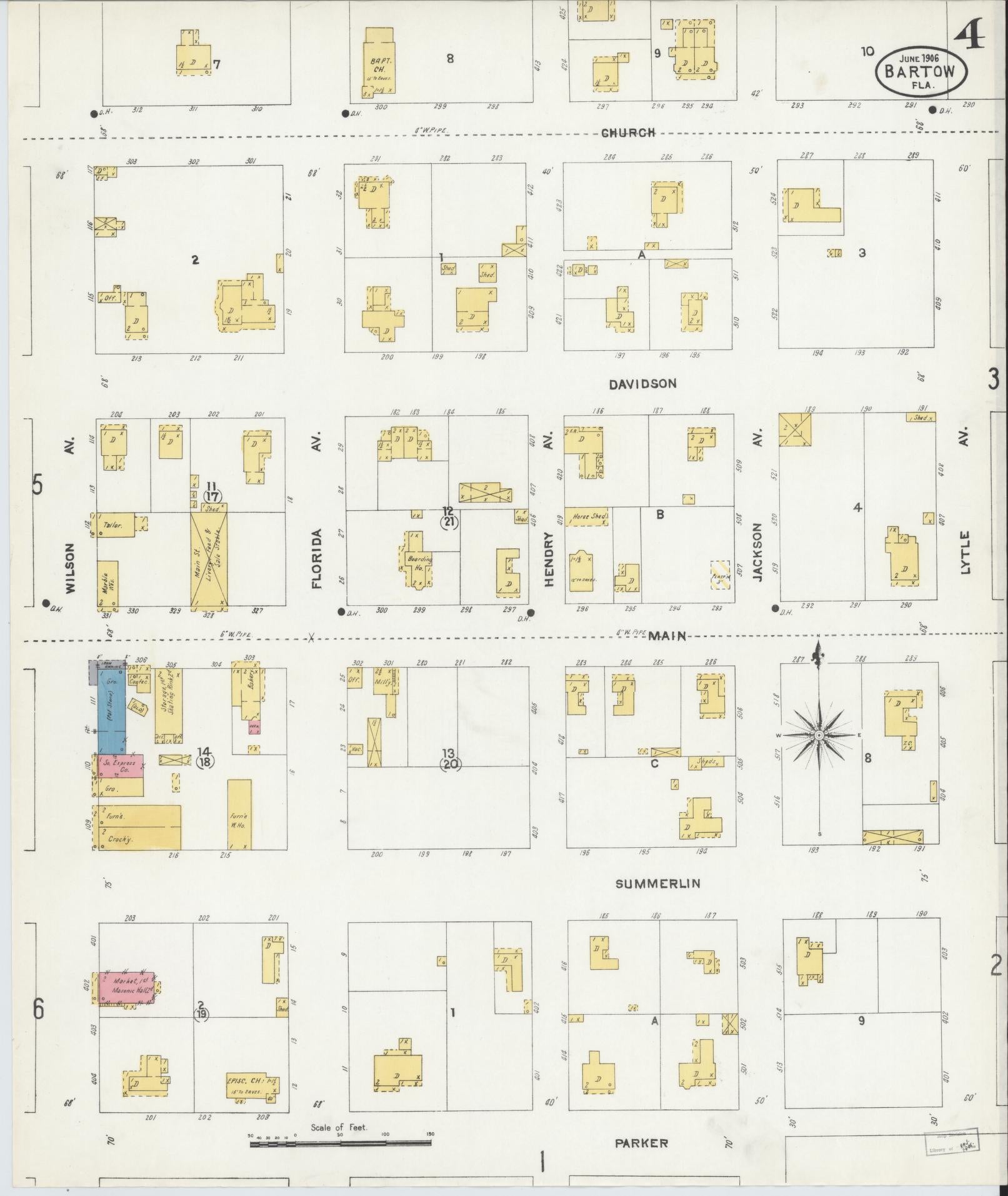 Sanborn Fire Insurance Map from Bartow, Polk County, Florida (1906), Sheet #0004 - Historic Sanborn Fire Insurance Map Print, vintage old map wall art, antique decor, genealogy gift, Florida Florida map