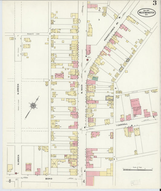 Sanborn Fire Insurance Map from Westminster, Carroll County, Maryland (1910), Sheet #0003 - Historic Sanborn Fire Insurance Map Print, vintage old map wall art, antique decor, genealogy gift, Maryland Maryland map