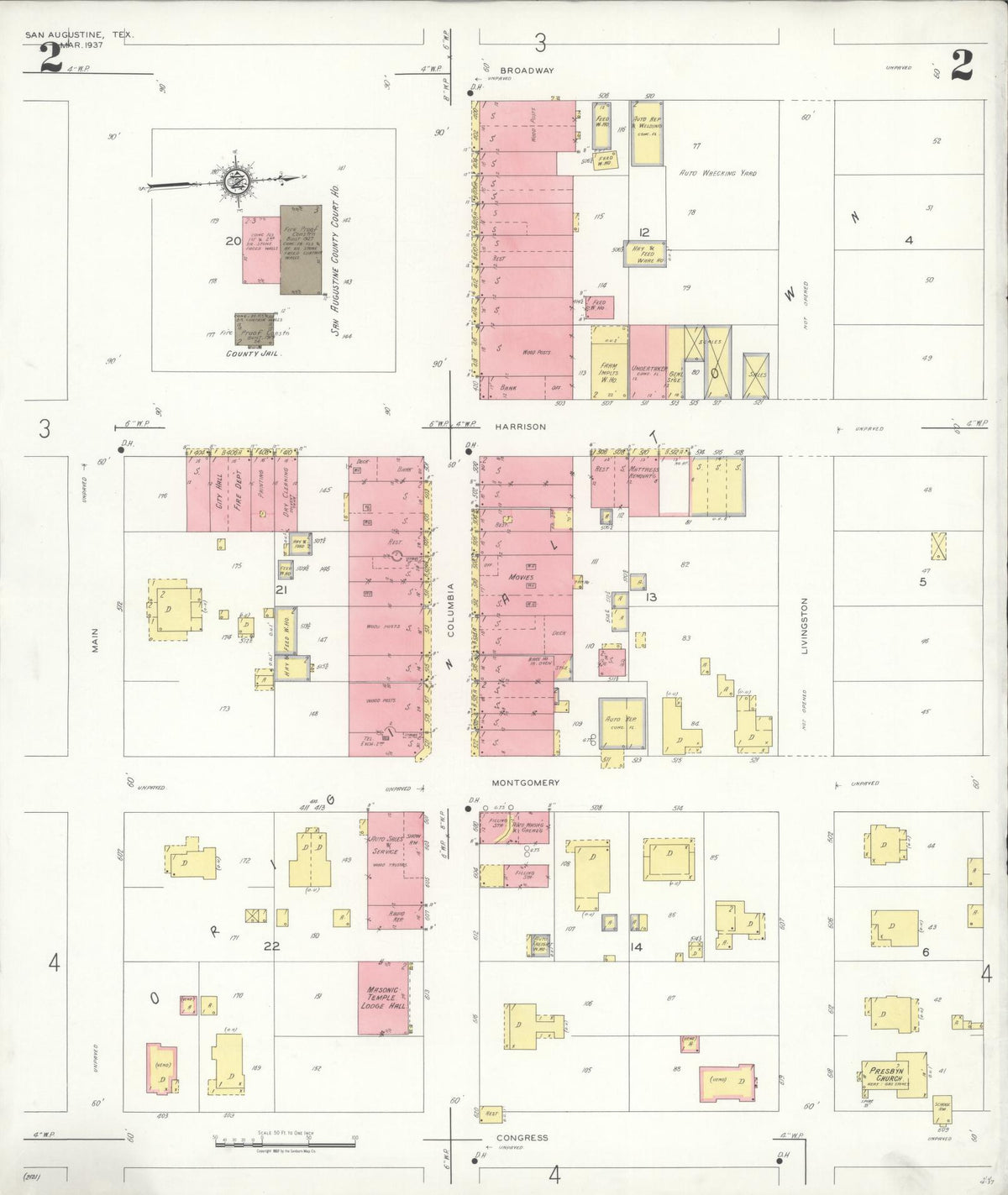 Sanborn Fire Insurance Map from San Augustine, San Augustine County, Texas (1937), Sheet #0002 - Historic Sanborn Fire Insurance Map Print, vintage old map wall art, antique decor, genealogy gift, Texas Texas map