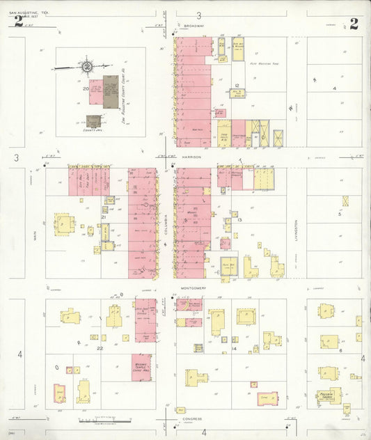 Sanborn Fire Insurance Map from San Augustine, San Augustine County, Texas (1937), Sheet #0002 - Historic Sanborn Fire Insurance Map Print, vintage old map wall art, antique decor, genealogy gift, Texas Texas map