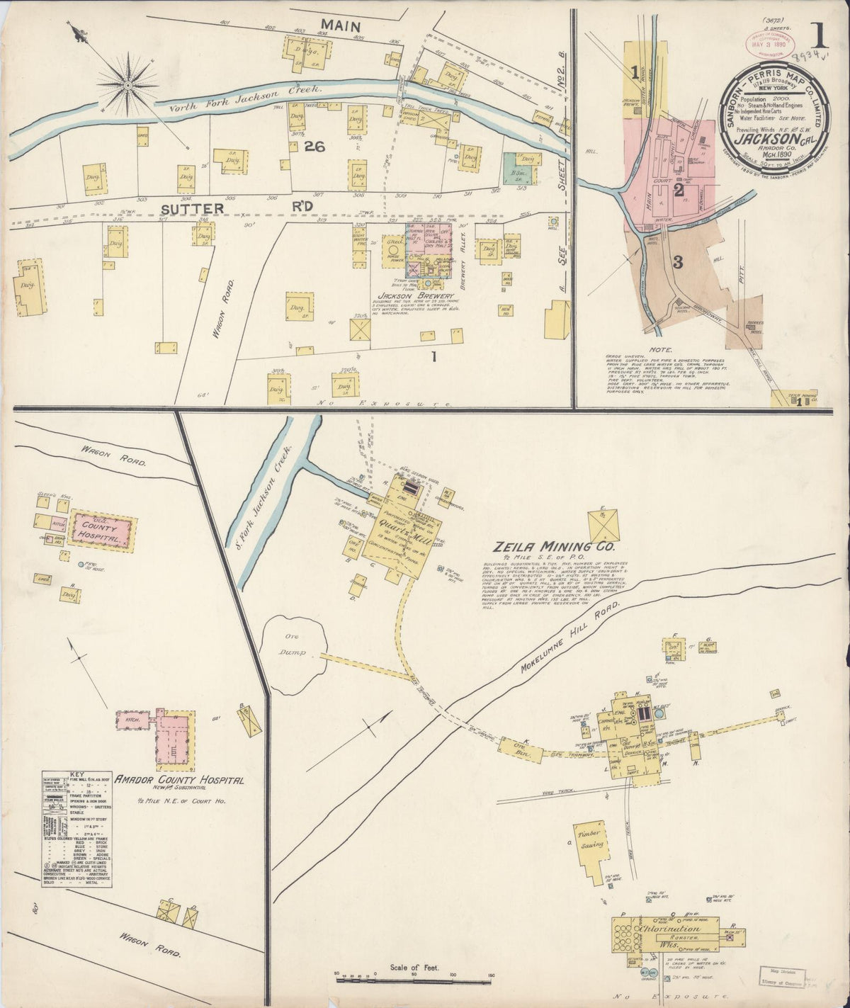 Sanborn Fire Insurance Map from Jackson, Amador County, California (1890), Sheet #0001 - Complete Map Set gallery image, historic Sanborn map, vintage wall art, California California