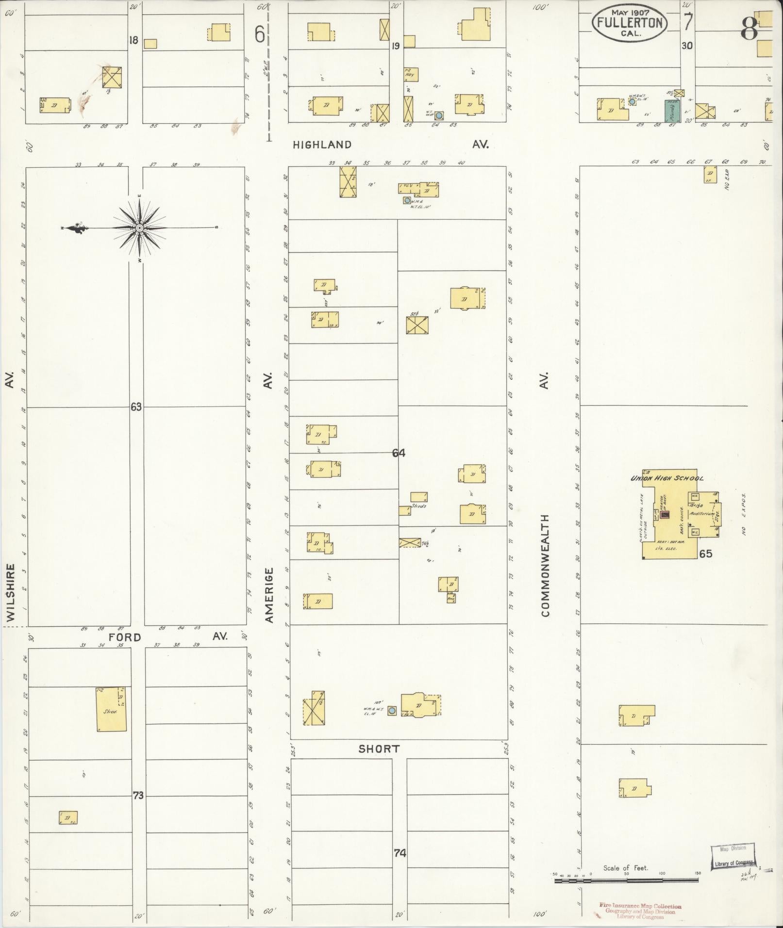Sanborn Fire Insurance Map from Fullerton, Orange County, California (1907), Sheet #0008 - Historic Sanborn Fire Insurance Map Print, vintage old map wall art, antique decor, genealogy gift, California California map