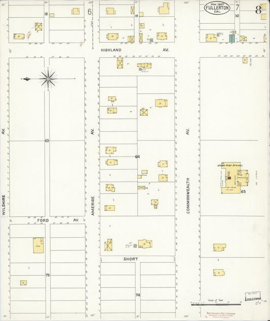 Sanborn Fire Insurance Map from Fullerton, Orange County, California (1907), Sheet #0008 - Historic Sanborn Fire Insurance Map Print, vintage old map wall art, antique decor, genealogy gift, California California map