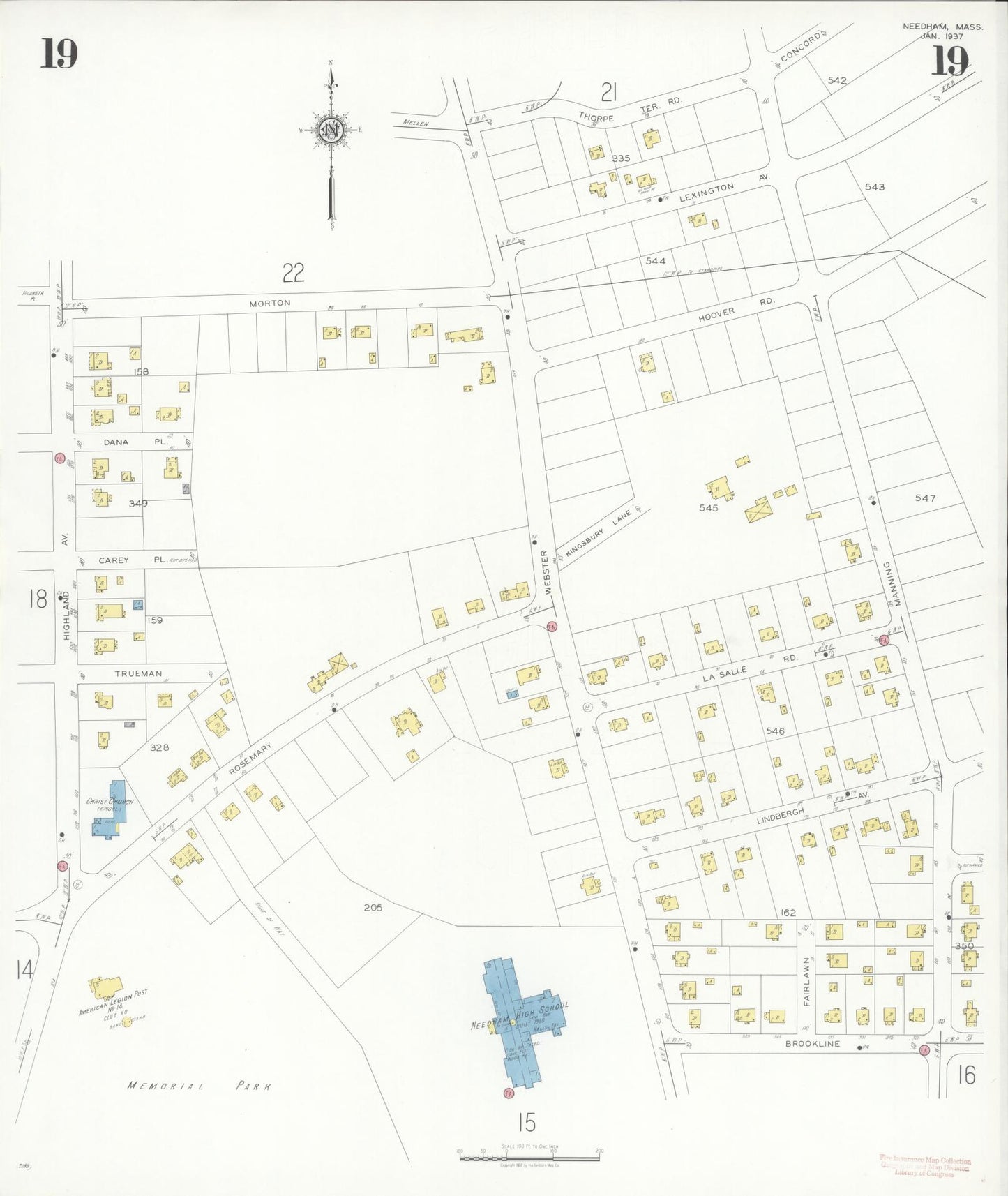 Sanborn Fire Insurance Map from Needham, Norfolk County, Massachusetts (1937), Sheet #0019 - Complete Map Set gallery image, historic Sanborn map, vintage wall art, Massachusetts Massachusetts