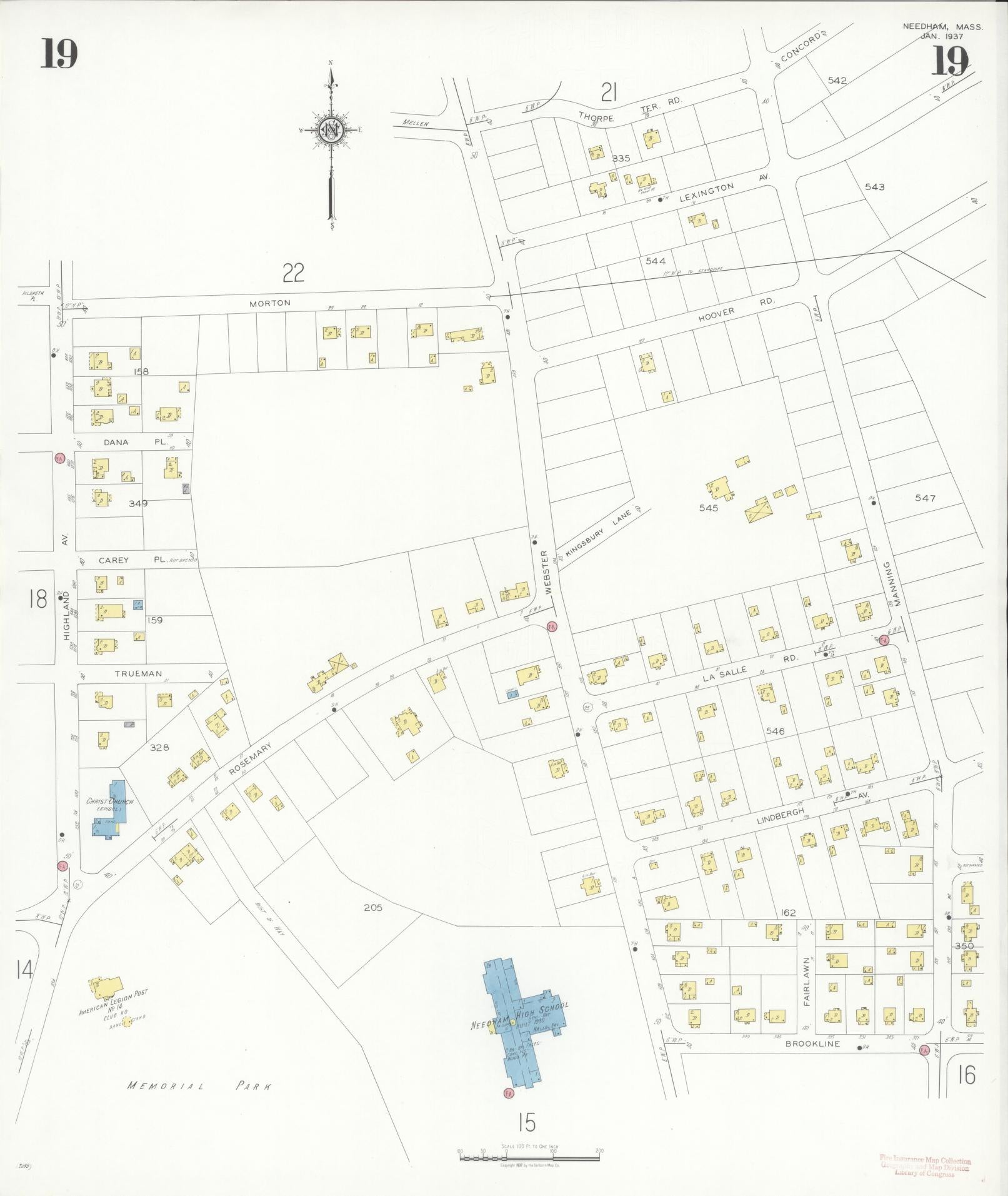 Sanborn Fire Insurance Map from Needham, Norfolk County, Massachusetts (1937), Sheet #0019 - Complete Map Set gallery image, historic Sanborn map, vintage wall art, Massachusetts Massachusetts